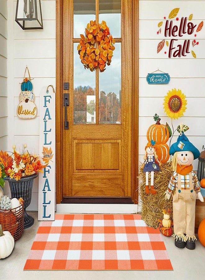 Fallovea Fall Orange and White Plaid Rugs, 28''x43'' Area Rug Outdoor Indoor Front Porch Doormat Cotton Hand-Woven Layered Door Mats for Entryway Patio Laundry Bedroom Living Room - Image 1